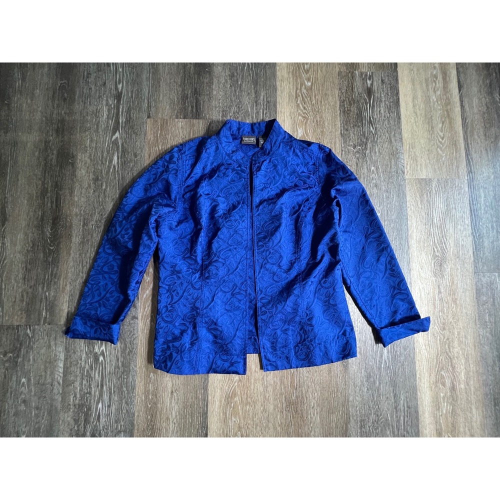 Chico's Additions Jacket Women Size 1 Blue Excellent Jacquard Mandarin Collar